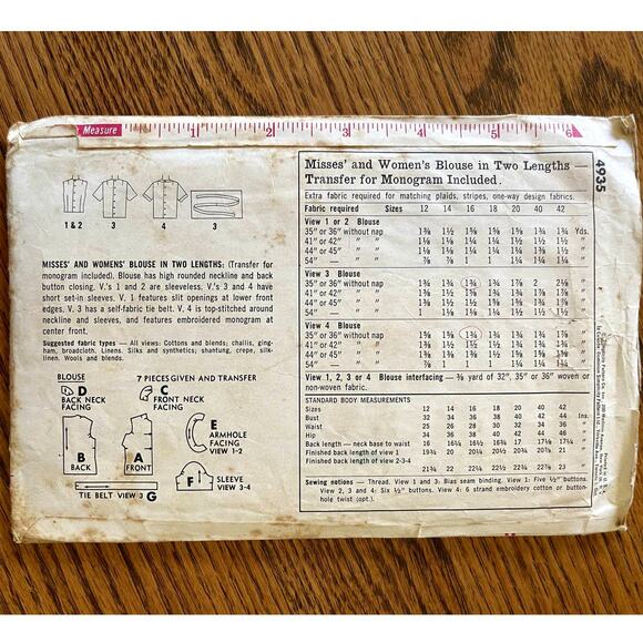 Vintage 1960s Simplicity 4935 Sewing Pattern Size Sm 14 Set of Tops COMPLETE - Picture 2 of 2